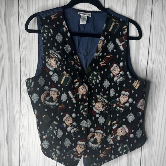 VTG White Stag Christmas Tree Santa Snowflake Tapestry Vest Womens L Button Up - Picture 1 of 6